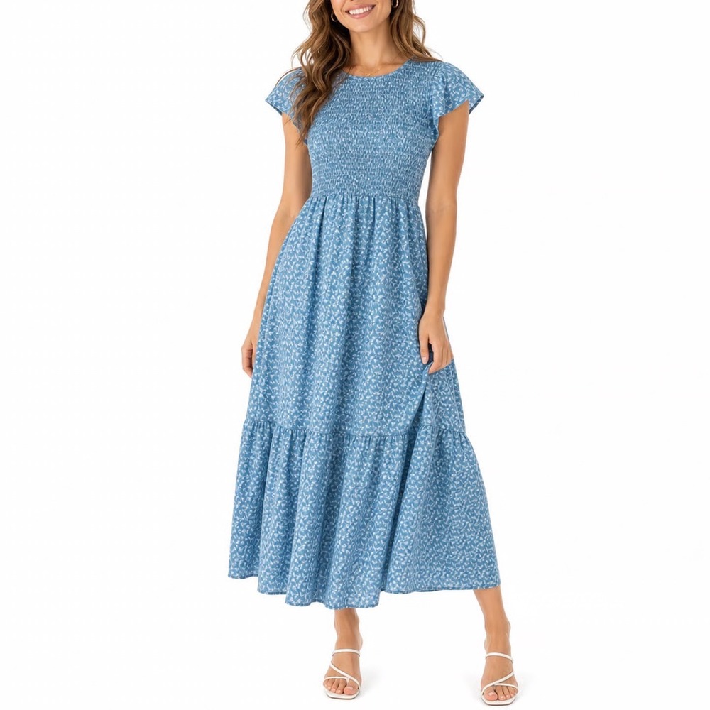 OFEEFAN Blue Floral Smocked Maxi Dress XS Flutter Sleeve Tiered Cottagecore Boho